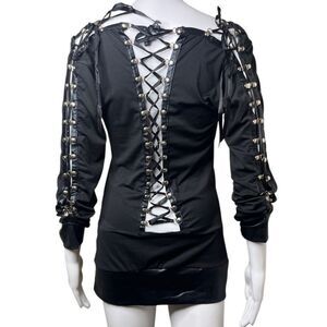 Long Sleeve Lattice Lace Up Mini Dress Black Size Medium